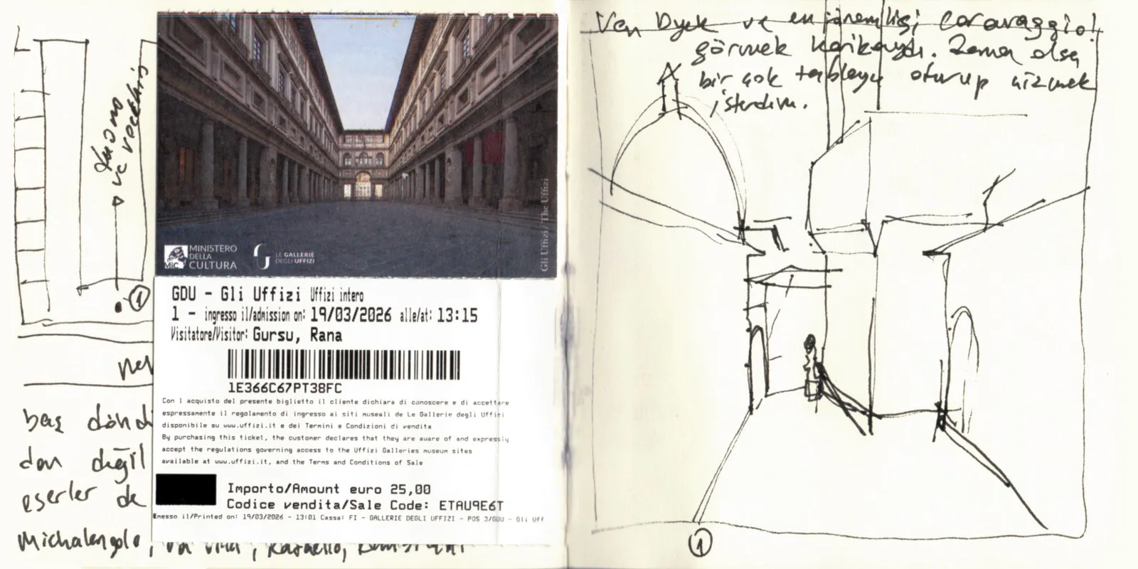 İtalya Seyahatim, sayfa 16: Uffizi — aynı sayfa, biletin altı