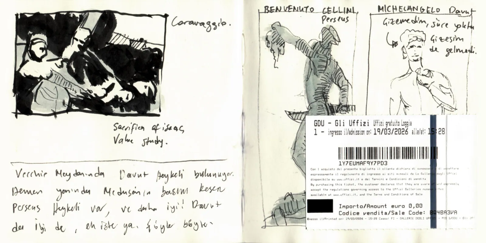 İtalya Seyahatim, sayfa 17: Caravaggio value study · Cellini · Davut