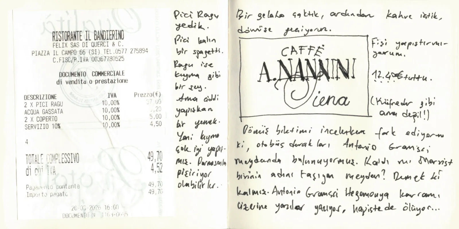 İtalya Seyahatim, sayfa 28: Pici ragu · Caffè Nannini · Antonio Gramsci